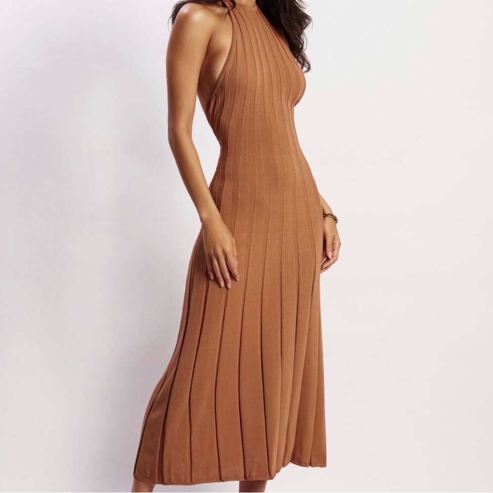 Meshki Ribbed Halter Maxi Dress in Tan